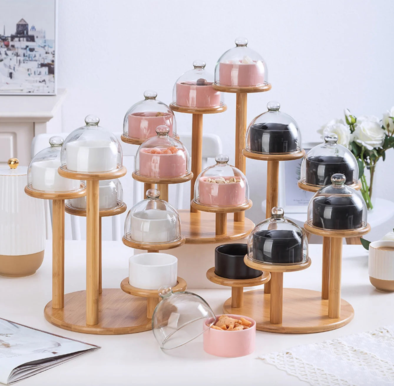 Minimalist Wood Eco-Friendly Round Back-to-School Customizable Multi-Layer Dessert Display Stand Set