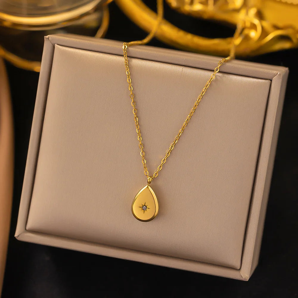 2023 New Trendy Non Tarnish 18k Gold Plated 316l Stainless Steel Zircon Waterdrop Pendant Necklace for Women