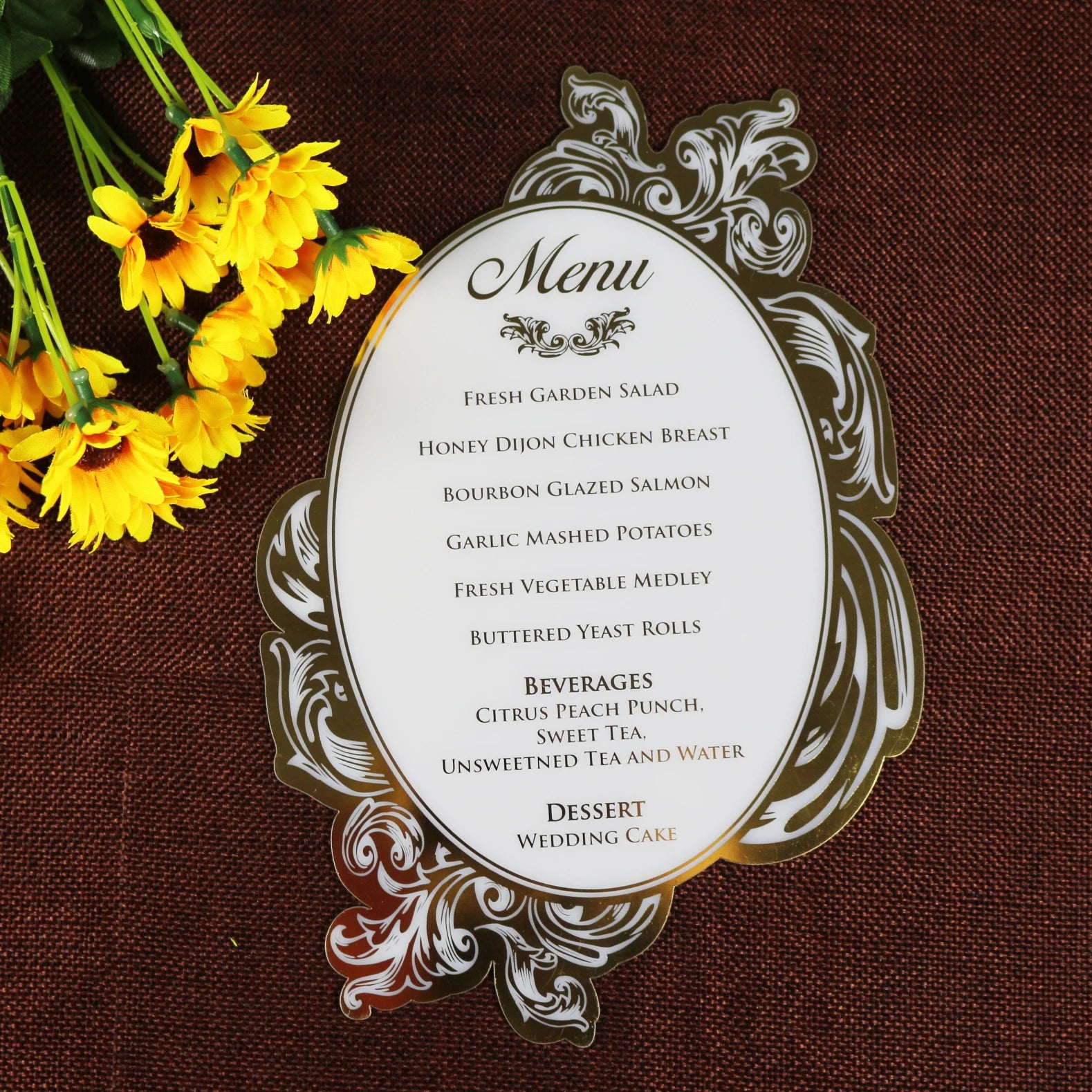 Royal Luxury Wedding Menu Cards White Acrylic Gold Foiling Die Cut Shape