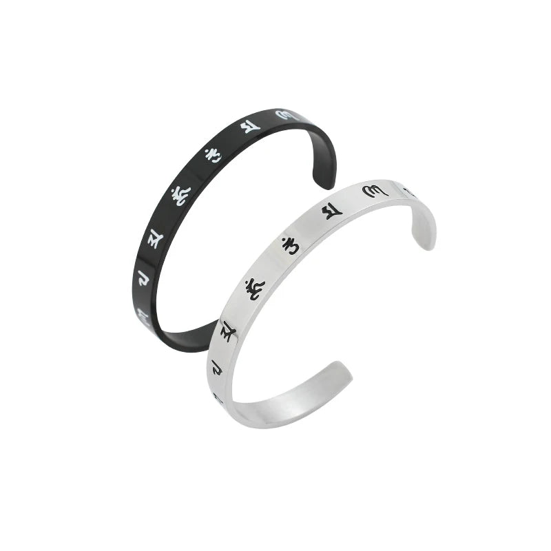 Handmade Tibetan Six Words Lucky Cuff Bracelet Stainless Steel OM Mani Padme Hum Buddhist Mantra Engraved Open Cuff Bracelet
