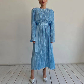 Wholesale Fall Loose Pleated Long Sleeve Modest Maxi Long Dresses Women Lady Elegant Casual Women's Dresses With Shoulder Pad
