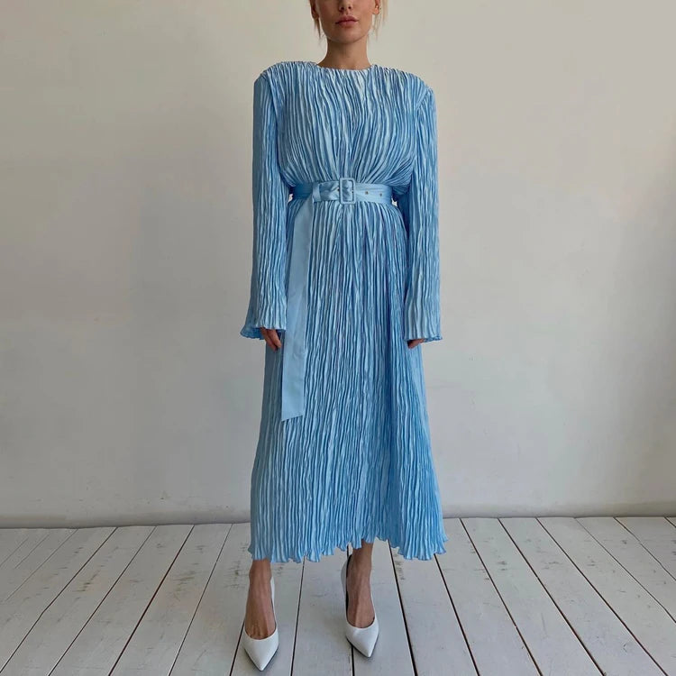 Wholesale Fall Loose Pleated Long Sleeve Modest Maxi Long Dresses Women Lady Elegant Casual Women's Dresses With Shoulder Pad