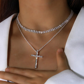 Simple 2 Layers Cross Twist Rope Chain Necklace Bling Rhinestone Crystal Tennis Chain Cross Choker Necklace for Women