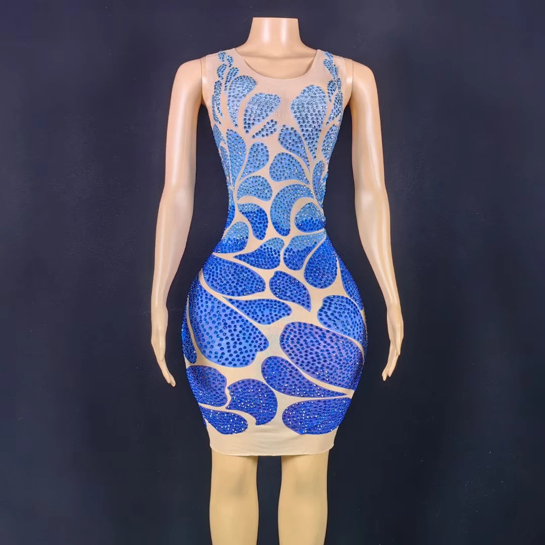 Sexy Sleeveless Blue Crystal Rhinestone Evening Gowns Women Sequin Birthday Cocktail Dress Female Bodycon Short Prom Club Dress