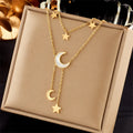 Women's Gold-Plated Titanium Link Chain Necklace Double-Layer Moon Star Inspired Buddhism Vintage Style Zircon Anniversaries