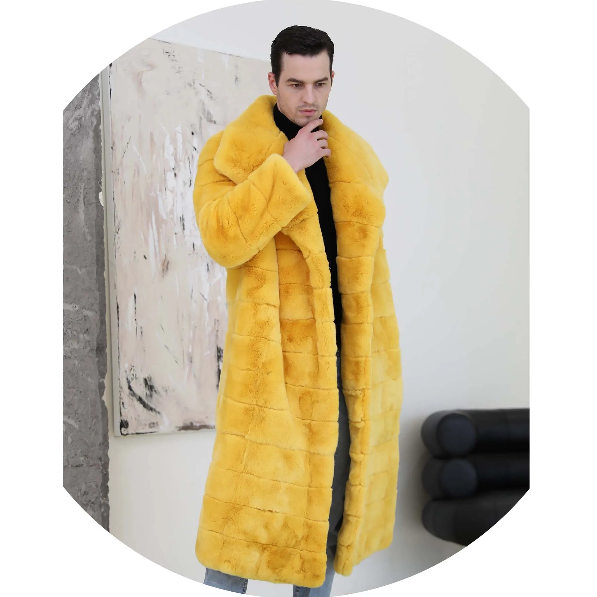 Top Quality Long Style Fashion Top Quality Mens Real Rex Rabbit Fur Coat