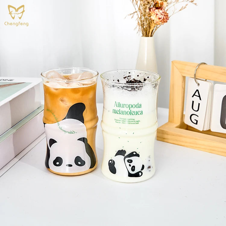 Creative Design Cute Panda Beverage Glass Bamboo Cartoon  Glass Cup  Drinking Milk Tea Juice and Coffee