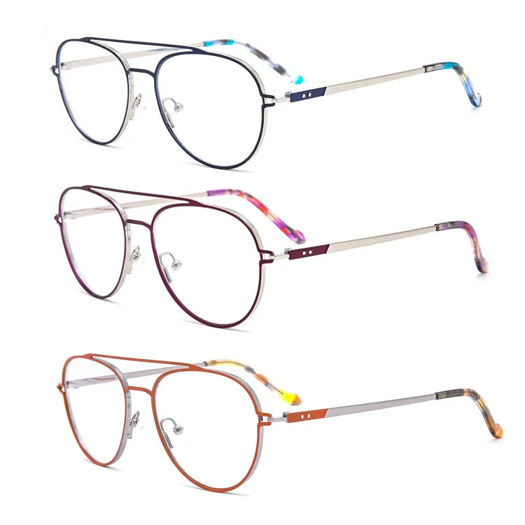 8249 New Fashion Colorful Retro Oval Eyewear Wholesale Metal Double-Beam Frame Acetate Tip Eyeglasses Stocks