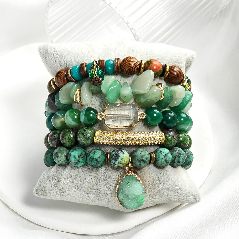 Fashion Bohemia Jewelry Accessory Chip Zircon Paved Alloy Stone/Glass Beaded Multi Stack Stretch Bracelets Set