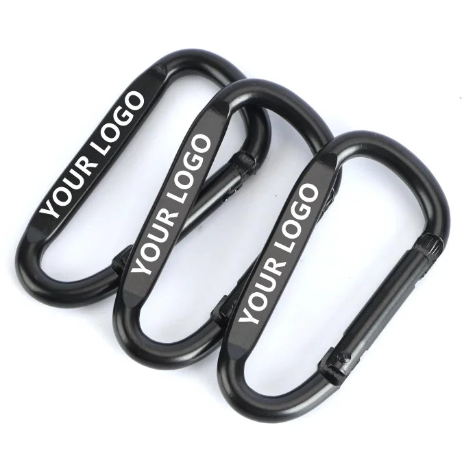 Custom Logo Aluminum Alloy Black Spring Snap Hook D Shape KeyChain Carabiner 40-80mm Length M4-M8 Size