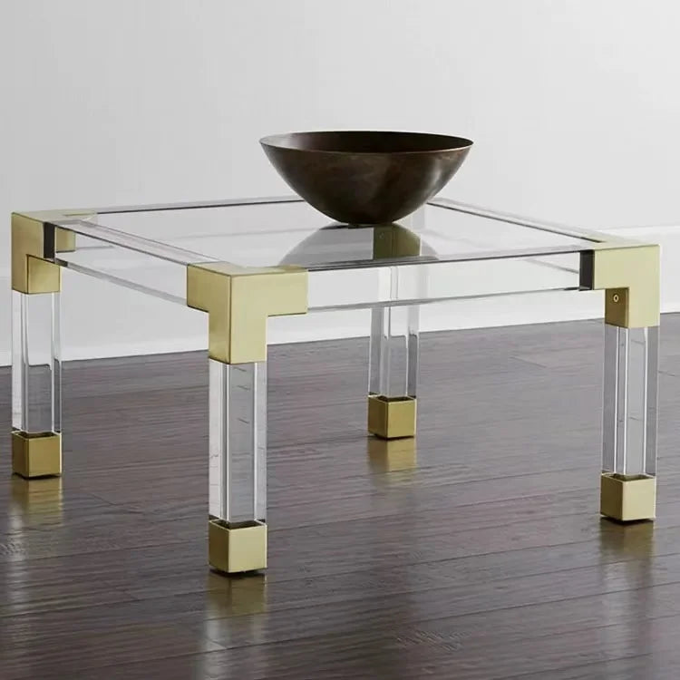 Modern Square Side Table Gold Metal Base with Stainless Steel Clear Acrylic Glass Top Coffee Tea Table Living Room Furniture MegaBDM