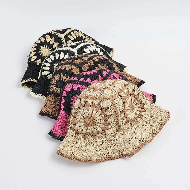 Wholesale Hand Crochet Flower Paper Straw Bucket Hat Women Summer Famous Wind Sun Hats Short Brim Sunhat New Straw Hat 2023