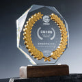 Gold Silver Bronze Wheat Octagon Plaque Crystal Trophy Award with Wooden Base  MH-NJ0226