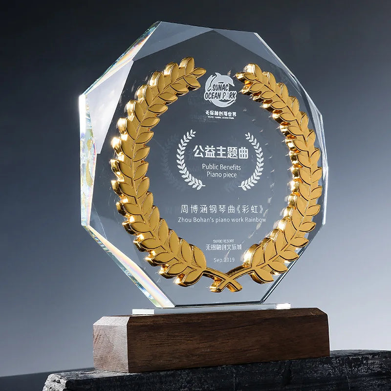 Gold Silver Bronze Wheat Octagon Plaque Crystal Trophy Award with Wooden Base  MH-NJ0226
