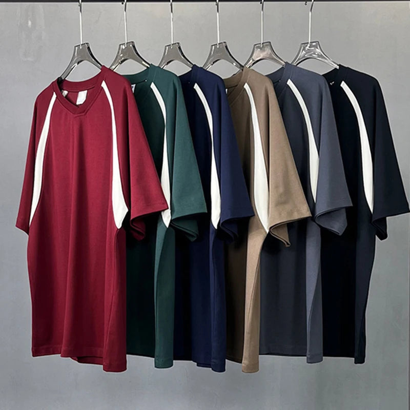 250GSM Custom T Shirt Quick Dry Men's T Shirts Raglan Sleeve V-Neck Breathable Vintage Casual Plain Dyed Knitted T Shirt for Men