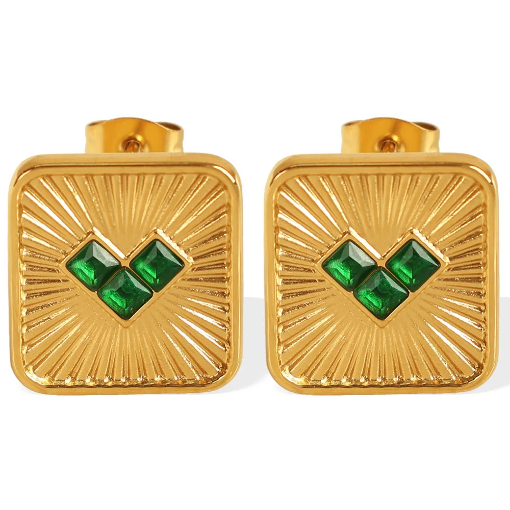 YF3924 New Stainless Steel Niche Design Geometric Square Jewelry 18k Gold Plated Heart Shaped Glass Stone Earrings Women