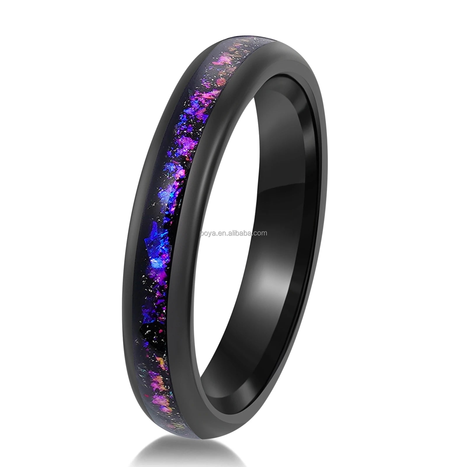 POYA Romantic 4mm Purple Amethyst Blue Galaxy Ring Inlay Black Tungsten Ring  for Women Gifts or Anniversaries