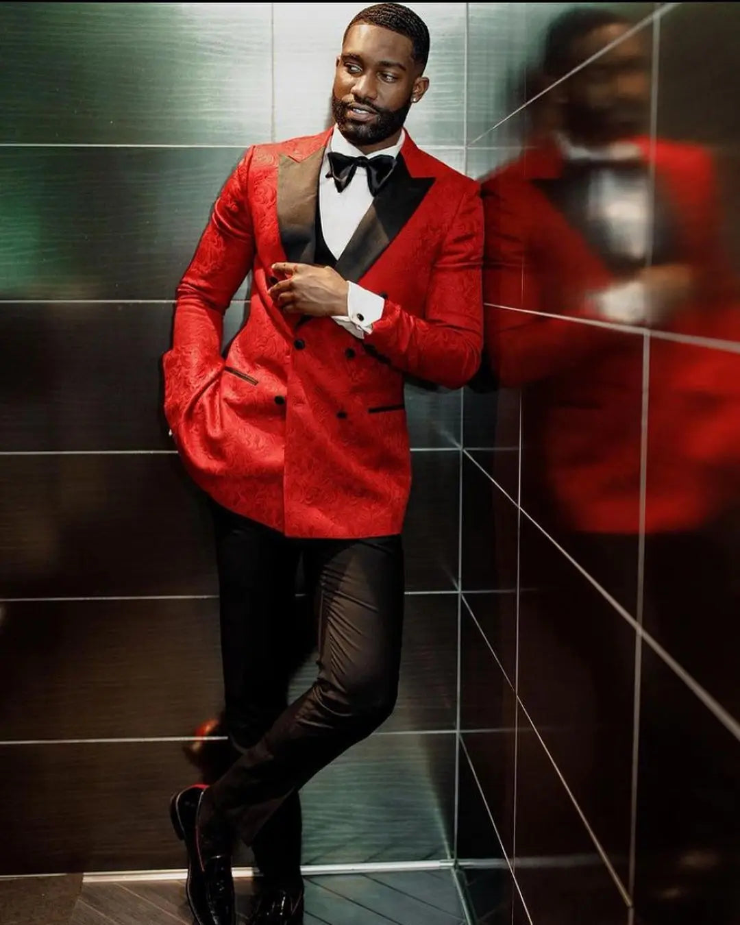 2025 New Design Red Jacquard Tuxedos Top Lapel for Wedding Double Breasted Men Suits Prom Costume Homme Jackets With Vest Pants