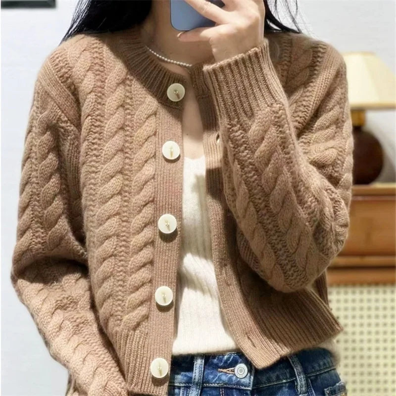 Cis Women's Brown Long Sleeve Knitted Coat Casual O-Neck Cardigan with Jacquard Sweater Design for Winter