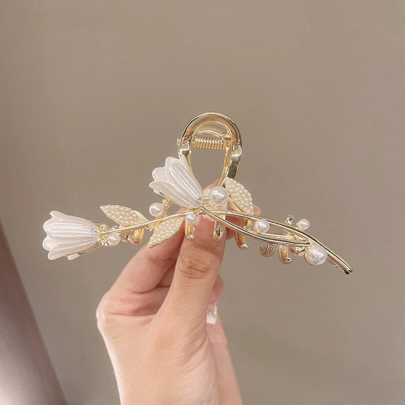 Metal Large Size Hairpin Shark Claw Clip Girls Elegant Tulip Pearl Rhinestone Barrette Crab Ponytail Hair Accessories