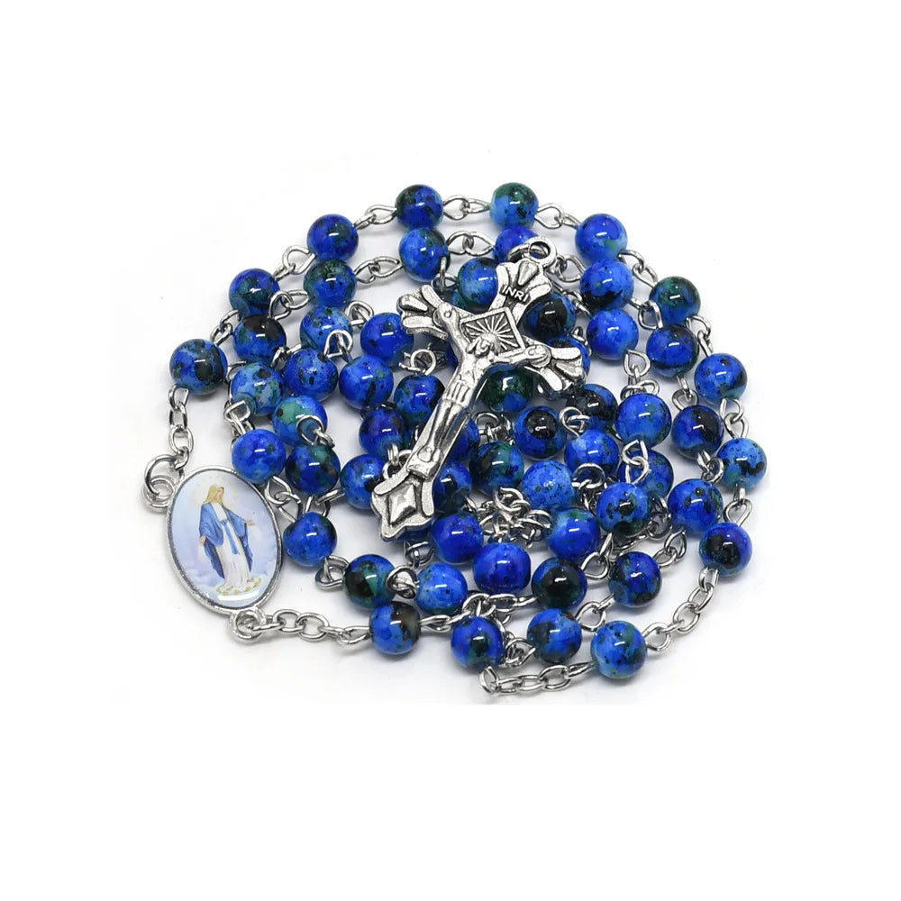 6mm Blue Glass Beads Rosary Necklace With Miraculous Medal Center and Cross Crucifix Pendant Necklace Baptism Gifts