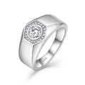 YILUN Luxury Men's 925 Sterling Silver Wedding Band Groom Ring with Central Solitaire Zirconia & Halo Diamond Ring
