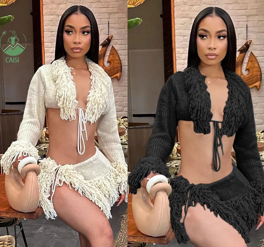 2025 New Arrivals Boutique Two Piece Sets Winter Fashion Tassel Crop Top and Mini Skirt Suis 2 Piece Women's Sets