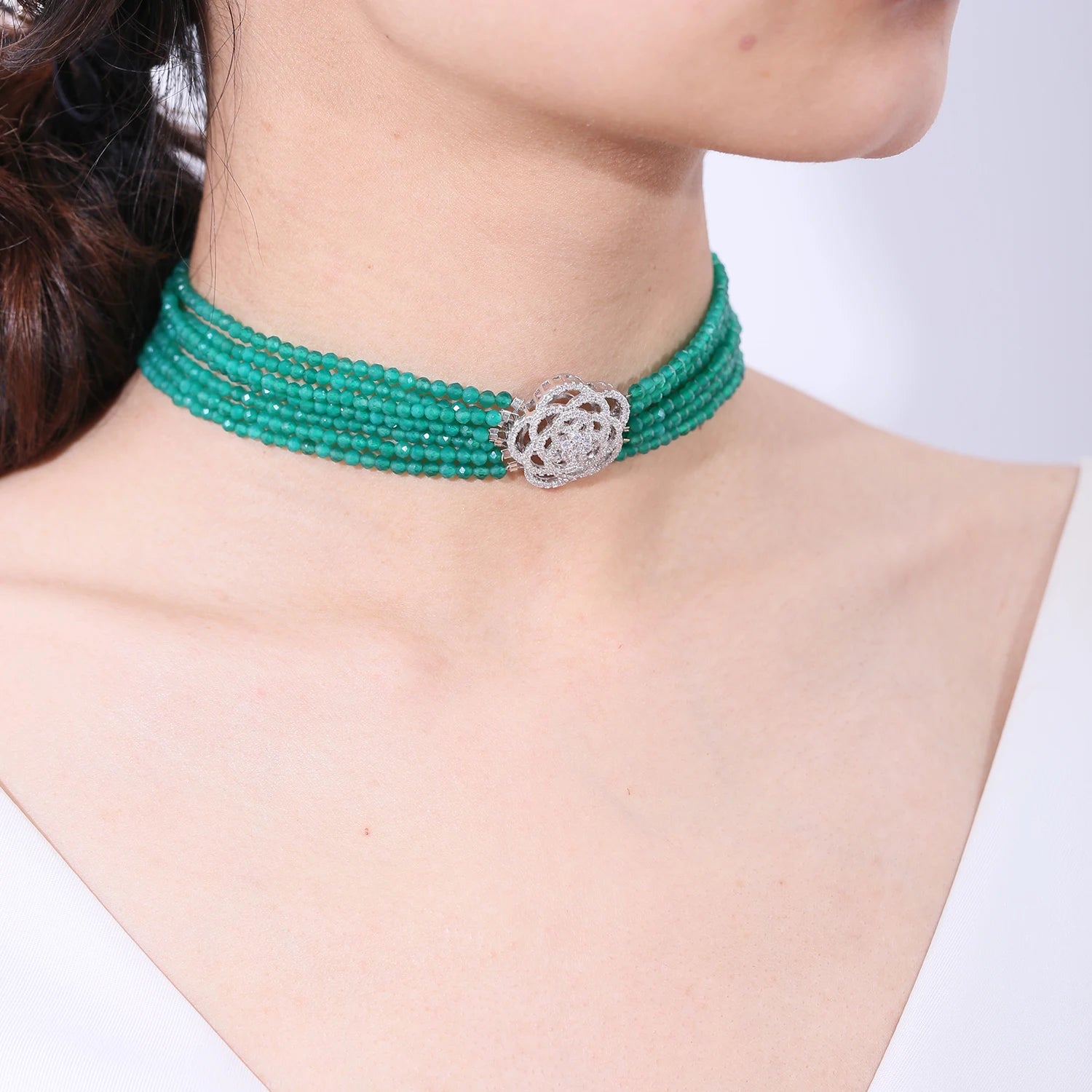 ZL0046 Handmade Jewelry 925 Sterling Silver 3mm Green Agate Beads Custom-Made Layered All-Natural Beads Choker