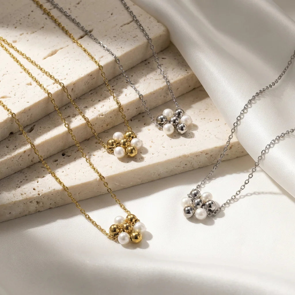 JUSNOVA Stainless Steel Two Tone Mixed Bead Pearl Cluster Pendant Necklace for Women Hypoallergenic Waterproof Wholesale