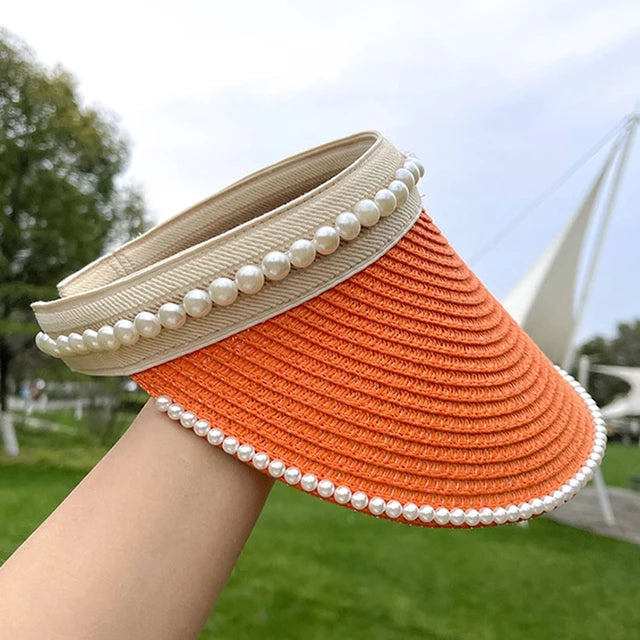 Women Sun Visor Hats Beach Foldable Roll up Wide Brim Summer Straw Hat Cap With Pearl
