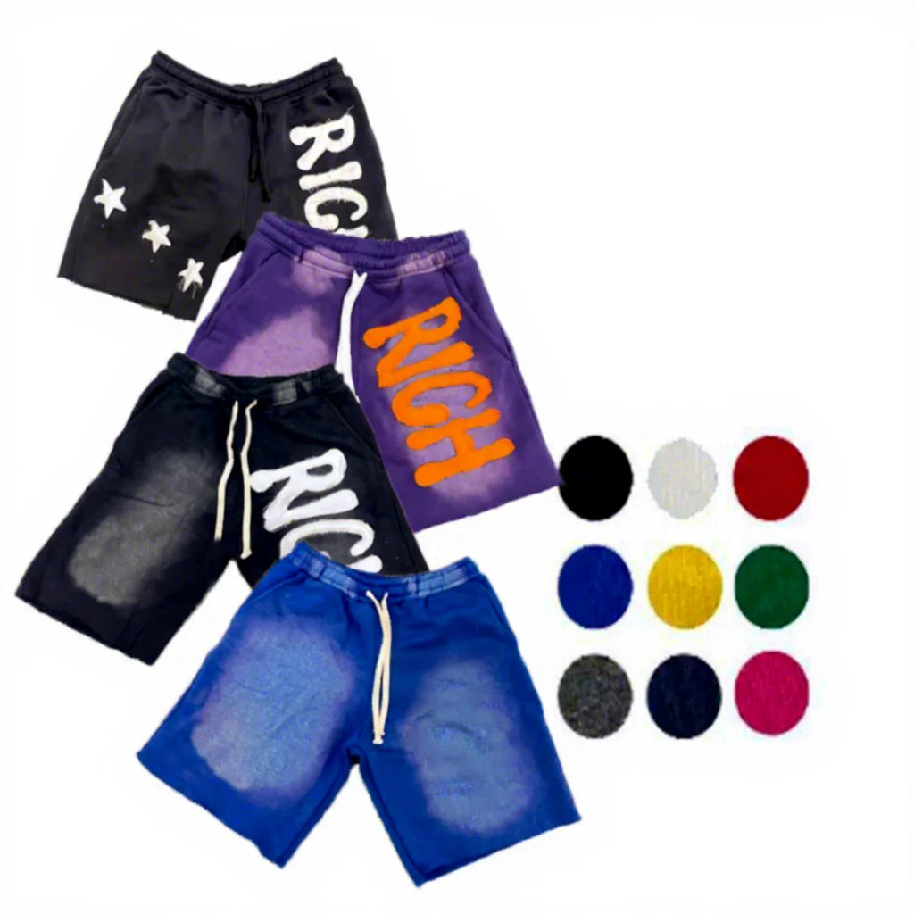 Custom Logo High Quality French Terry Cotton Patch Stitching Shorts Acid Wash Distressed Shorts for Men