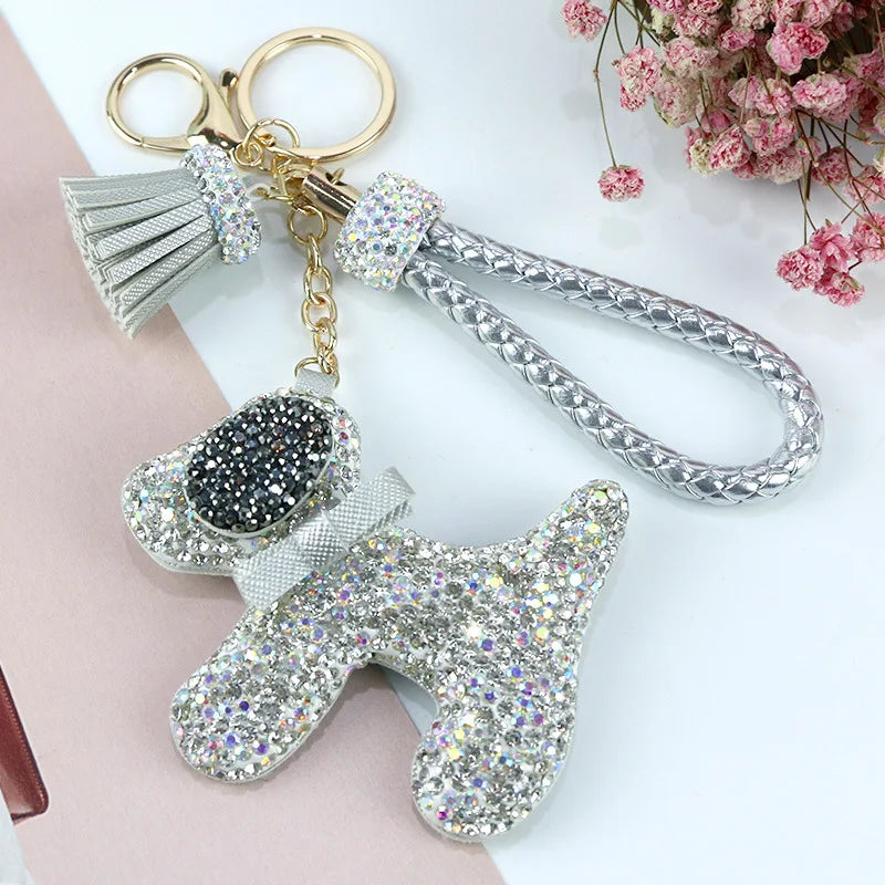 Rhinestone Dog Keychains Glitter Crystal Cartoon Key Rings Bling Crystal Key Chain Leather Bag Charm