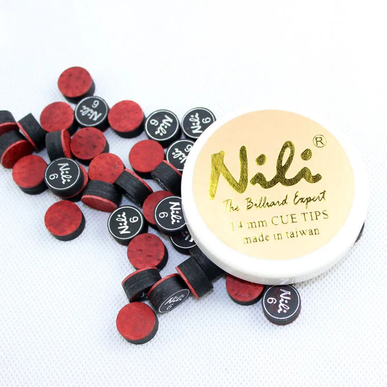 Hot Sale Brown Green Red and Black 6 Layer Pig Skin Nili 50pcs/box Billiard Pool Cue Tip with 14mm