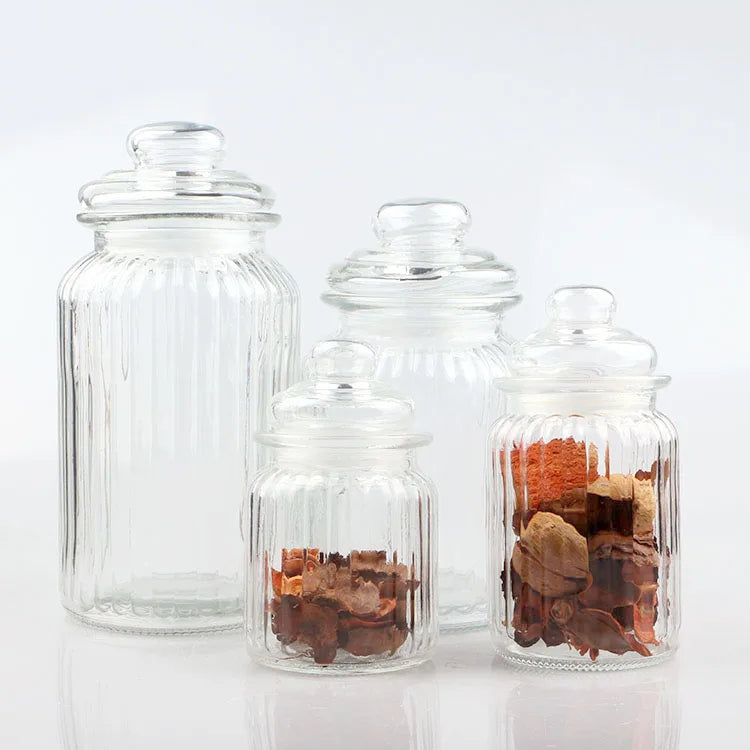 Food Grade 230ml 350ml 950ml 1350ml clear Stripe Glass Food Storage Jar for Cereral with Glass Lid