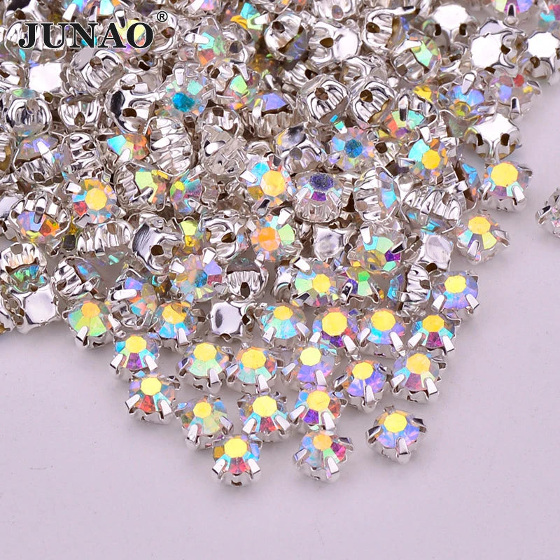 JUNAO Top Quality SS12 3mm Round Clear AB Crystal Strass Sew on Claw Rhinestone for Wedding Dress