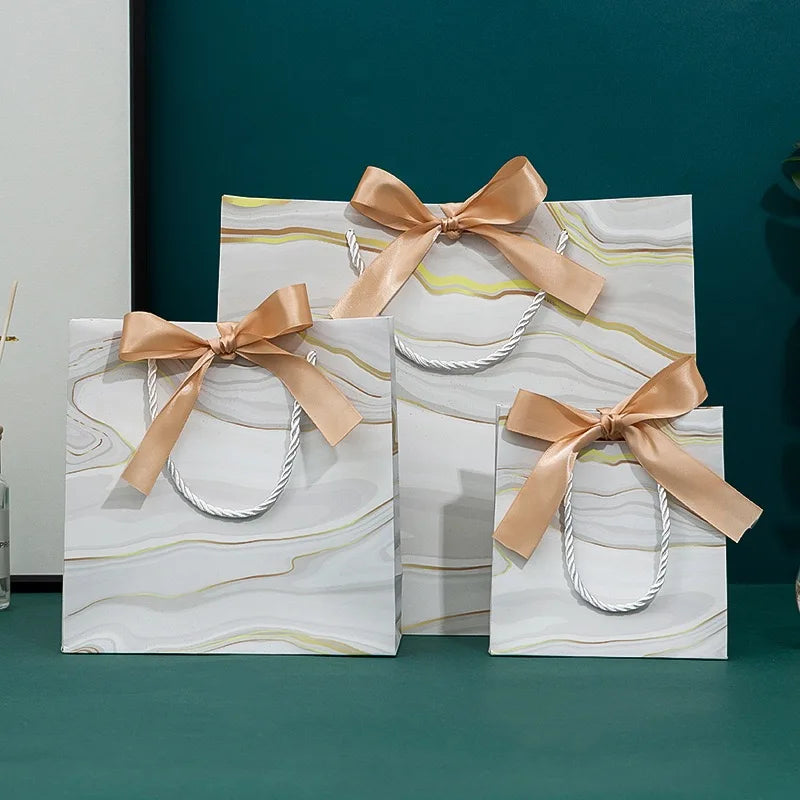 Wholesale Custom Drawstring White Marble Paper Bag Shopping Gift Bags Packaging With Ribbon