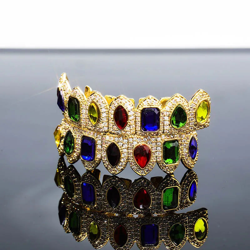 Special Hip Hop Gold Color Vampire Teeth Grills Micro Pave Multi-Color CZ Bling Cubic Zircon Top Bottom Teeth Party Gifts