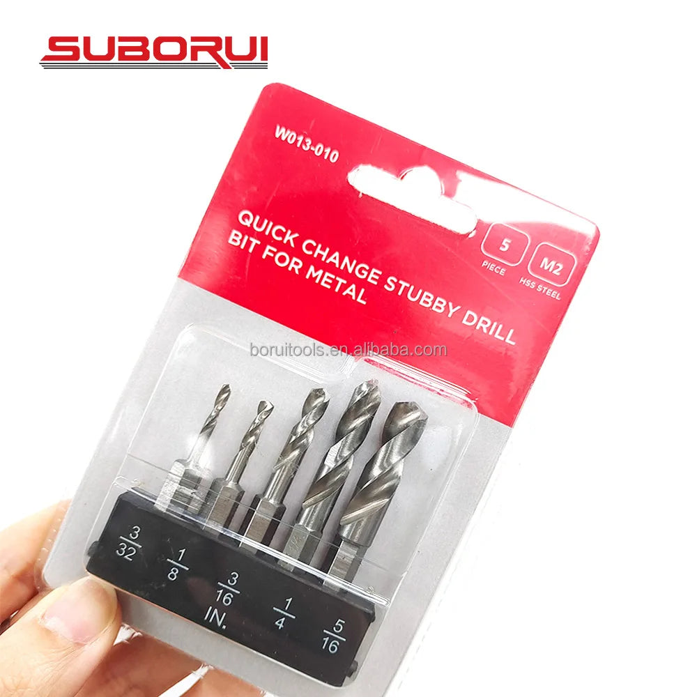 SUBORUI DIN3126 HSS M2 Fully Ground 1/4 Hex Shank Stubby Spiral Cobalt Twist Drill Bit Set for Stainless Steel