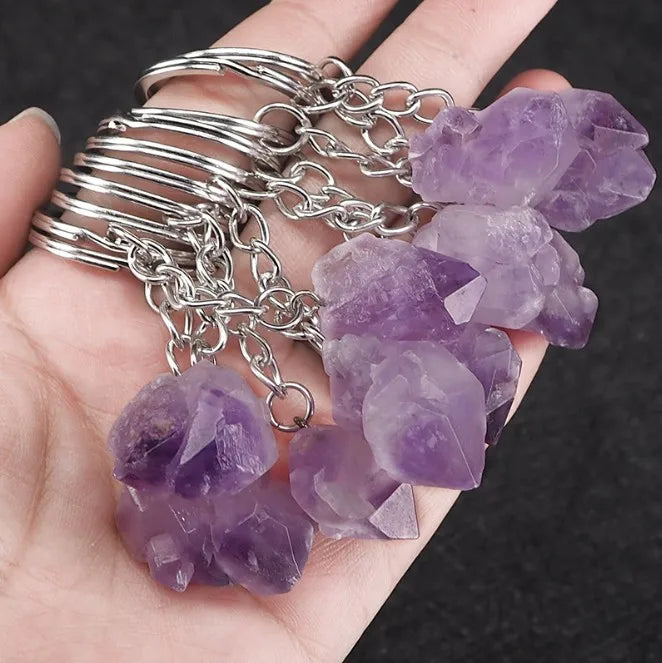 Natural Amethyst Agate Polished Crystal Tumbled Stone Keychain Feng Shui Style Crystal Healing Gemstone Keychain Gift MegaBDM