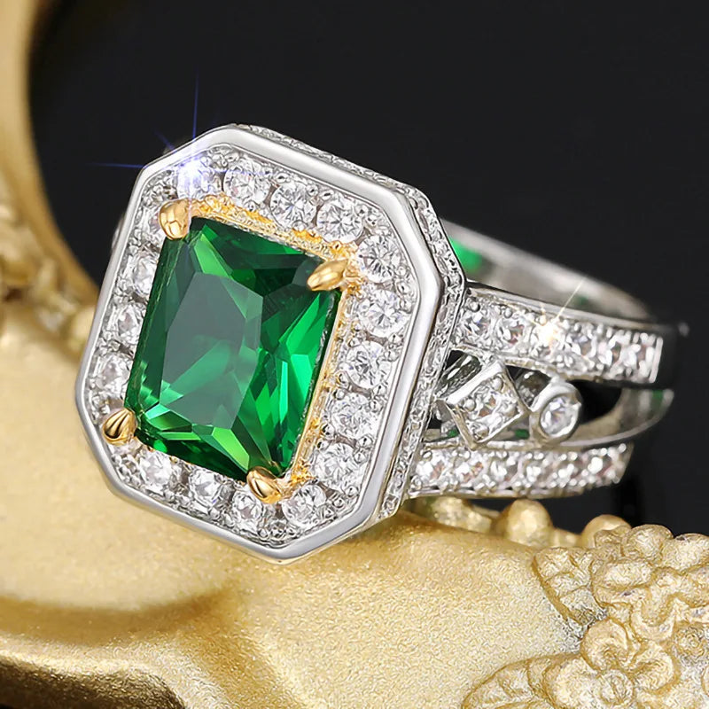 CAOSHI Classic Geometric Design Green Crystal Zircon Big Band Rings for Women Engagement Wedding Two Tone Plated CZ Rings Custom