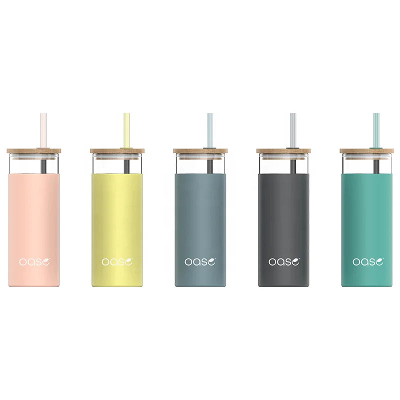 OASE BPA Free 15oz Eco-Friendly Glass Tumbler with Bamboo Lid Silicone Sleeve Straw-Camping Use Customized Color