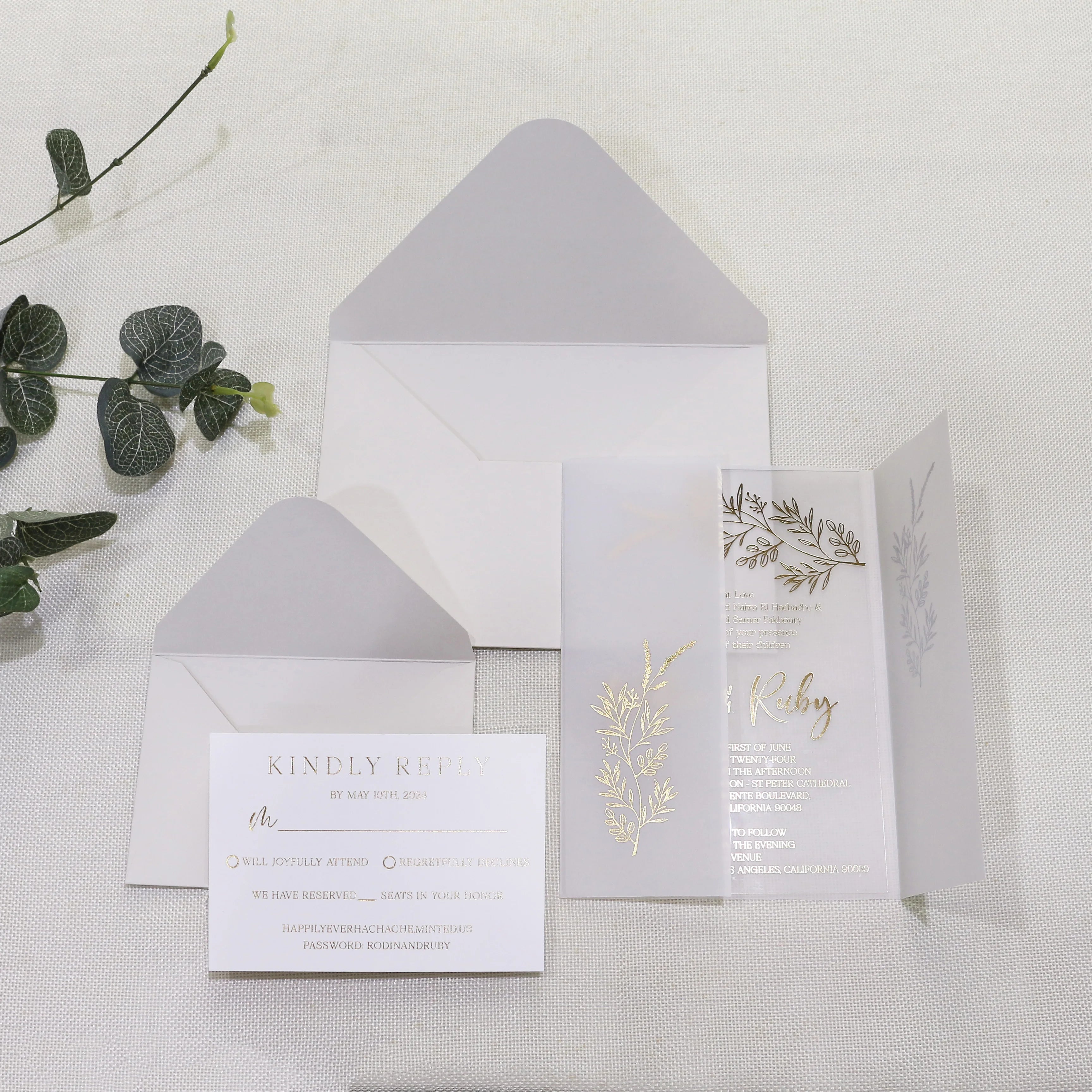 Clear Acrylic Vellum Paper Cover Wedding Invitation Card With RSVP Card and Envelope