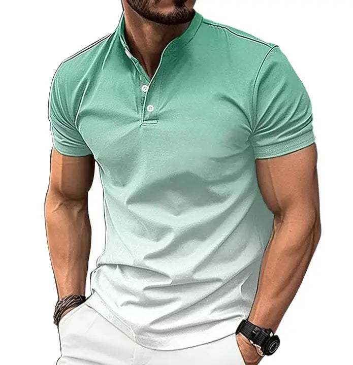 New Men's Standing Collar Summer Tees Gradient Color Casual Short Sleeved Golf Henry Shirt
