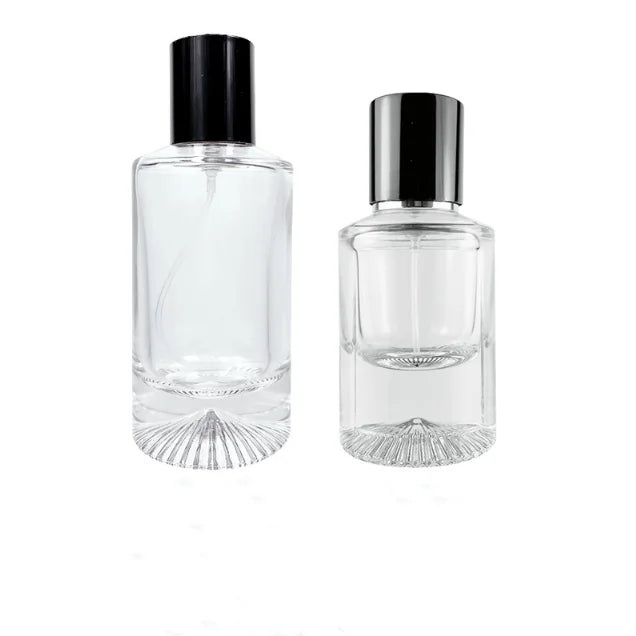 Thick Bottom Crimp Neck Luxury 50ml Perfume Bottle with Black Gold Sliver Aluminum Atomizer clear Fine Mist Glass Spray Bottle