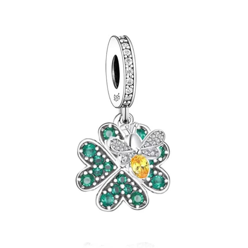 925 Sterling Silver Green Four-Leaf Clover Honey Bee Bead Charms Fit Original Brand Charm Bracelet Necklace Jewelry Making