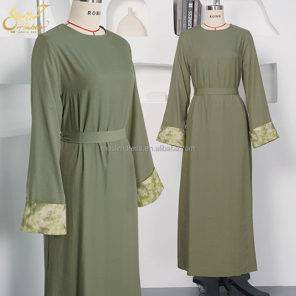 Habib Islamic Clothing Women Green Abayas Dress Factory Modest Cheap Green Abayas Dress With Belt
