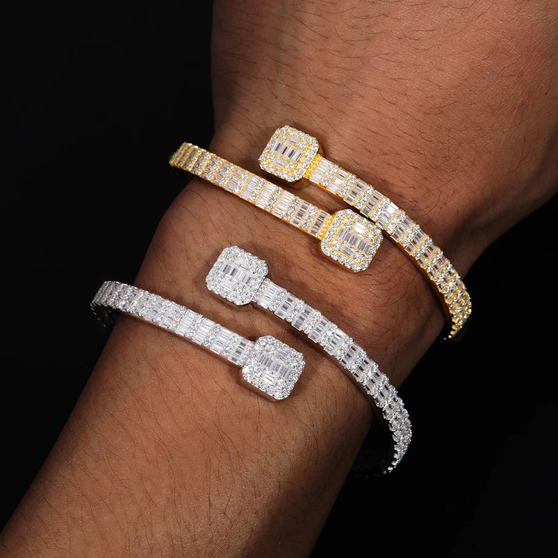 Pass Diamond Tester 16.15ct 5.5mm 925 Sterling Silver Baguette VVS Moissanite Iced Out Cuff Bangle Bracelet for Men Women
