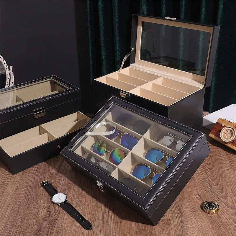 Hot Sale High Quality PU Leather Sun Glasses Box Double Layers with Window Made from Metal Frame Rectangle Shape