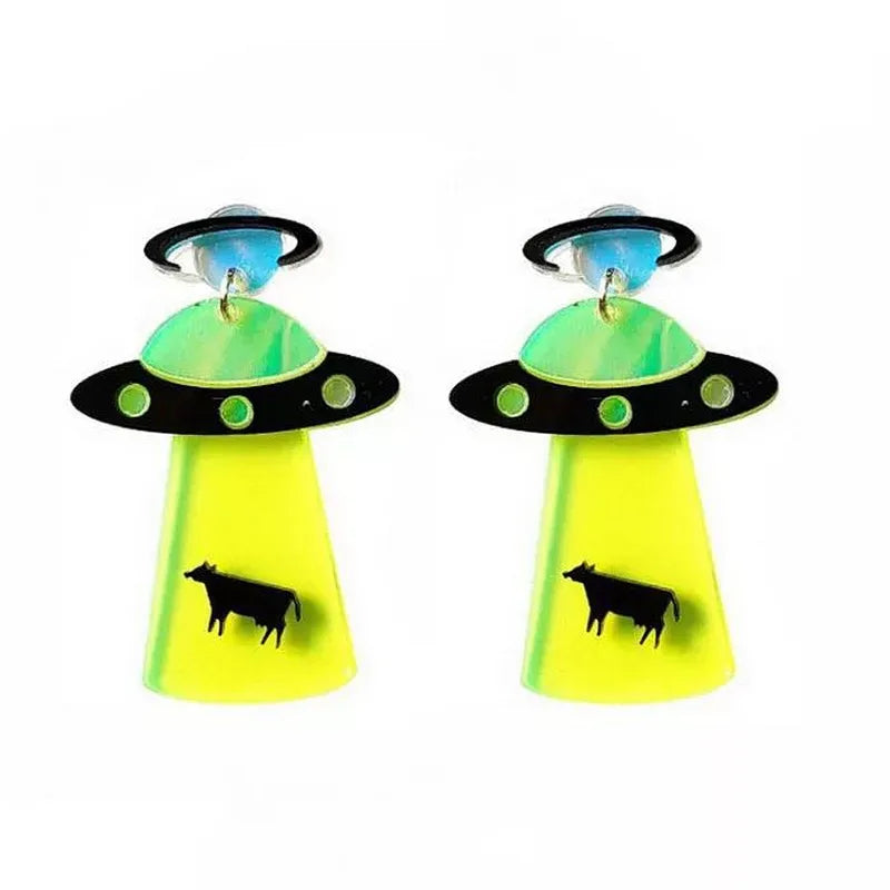Wholesale Exaggerated Animal Glitter UFO alien Spaceship Acrylic Translucent  Iridescent Color Earrings