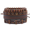 Handmade Stretch Elastic Wood Beads Male Adjustable Braided Men Wrap Genuine Leather Bracelet Set Jewelry MegaBDM
